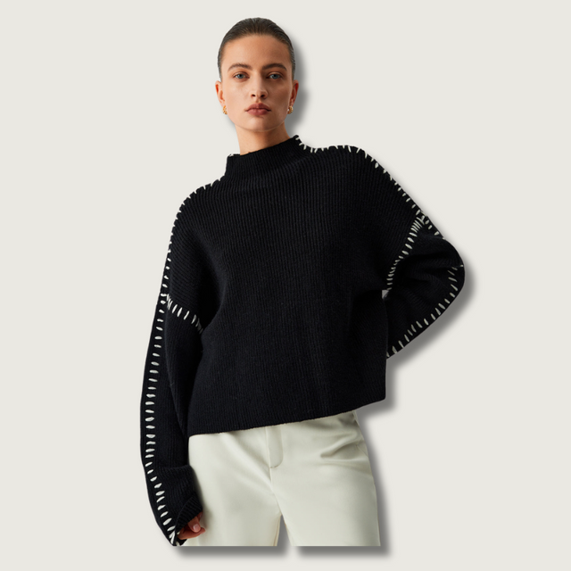 Designer Turtleneck Sweater  Oversized Knit With Contrast Stitching - Product showcase