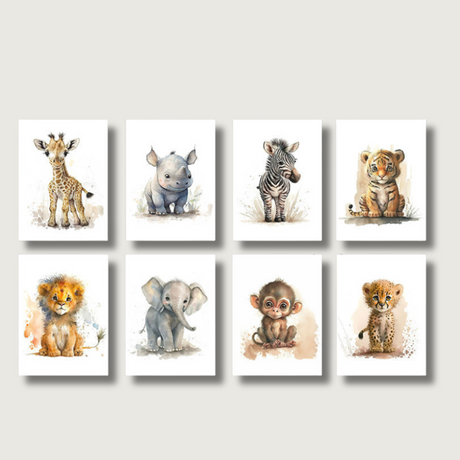 Safari Animal Wall Art  Watercolor Baby Animals Set of 8 Canvas Prints - Product showcase