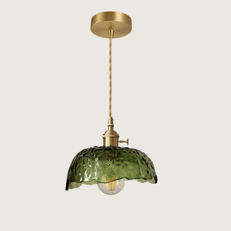 Green Glass Pendant Light  Rippled Brass Fixture - Product showcase