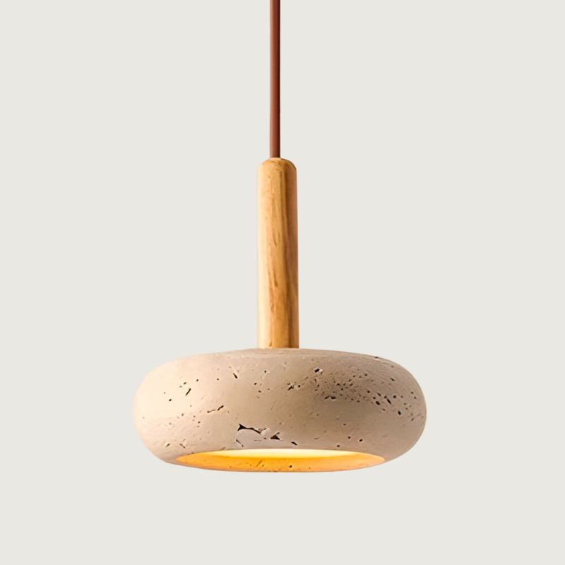 Natural Stone Pendant Light  Yellow Travertine With Wood Accent - Product showcase