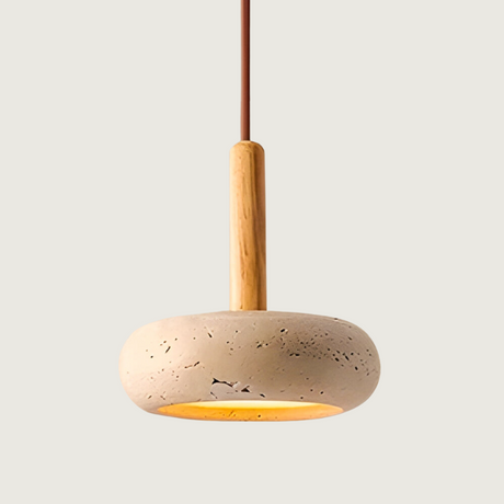 Natural Stone Pendant Light  Yellow Travertine With Wood Accent - Product showcase