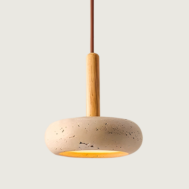 Natural Stone Pendant Light  Yellow Travertine With Wood Accent - Product showcase