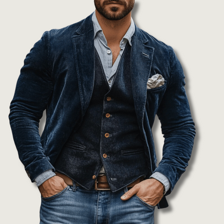 Classic Corduroy Blazer Set  Navy Two-Piece With Vest - Product showcase