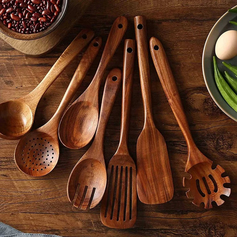 Teak Kitchen Utensil Set  Handcrafted Wood Collection - Detailed view