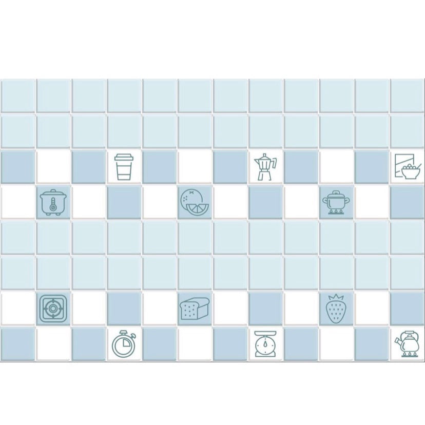 Kitchen Mural Wallpaper | Blue and White Checkered Pattern with Icons