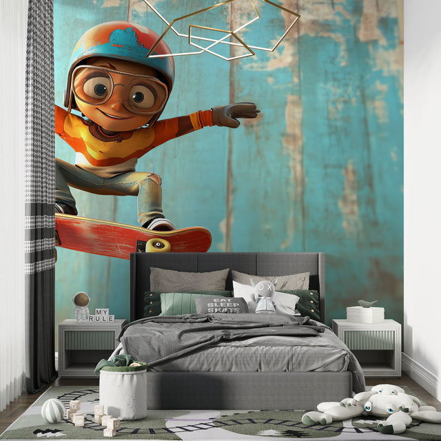 Skateboard wallpaper mural in modern teen bedroom showing dynamic 3D design with turquoise and orange tones