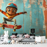 Urban skateboard mural displayed in game room with contemporary furniture