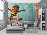 3D skateboard wallpaper installation in modern home office