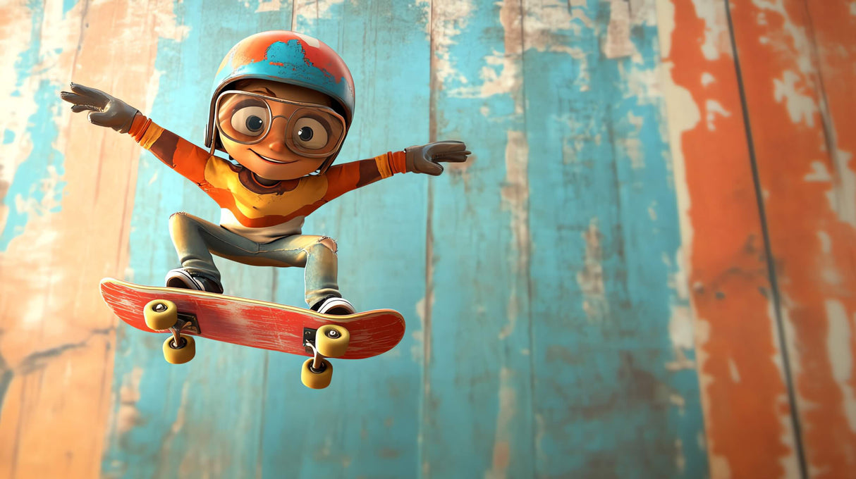 Design file of skateboard wallpaper showing detailed 3D animated character and urban elements