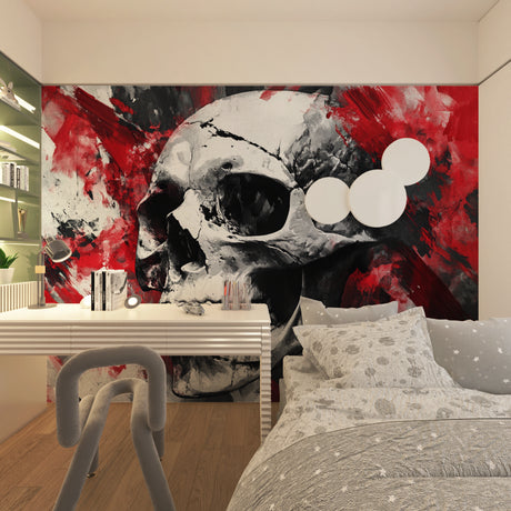Modern Skull Wallpaper creating dramatic impact in contemporary living room