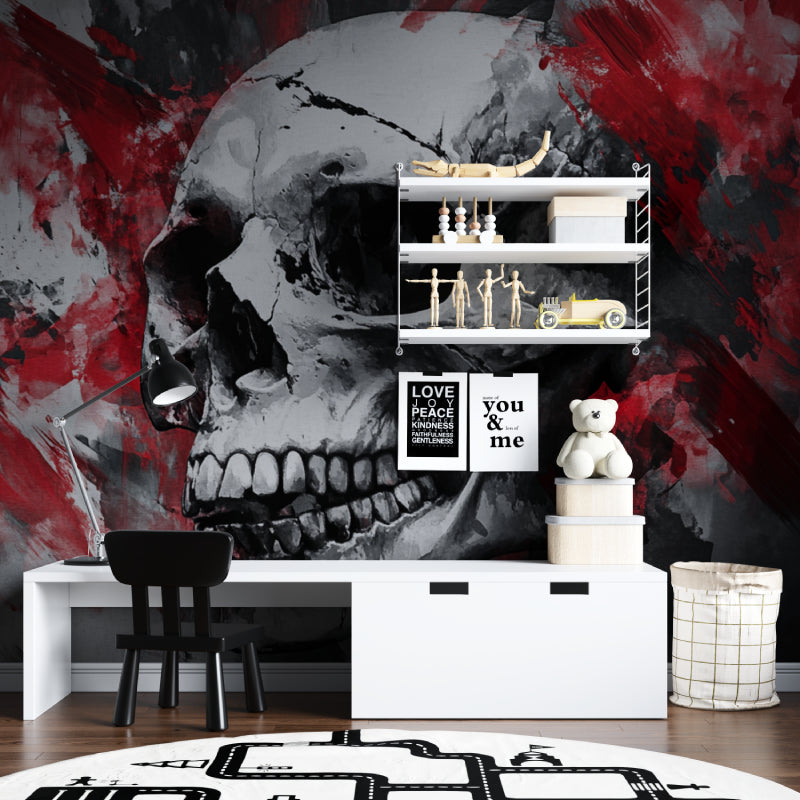 Red and black skull wallpaper making statement in urban loft bedroom