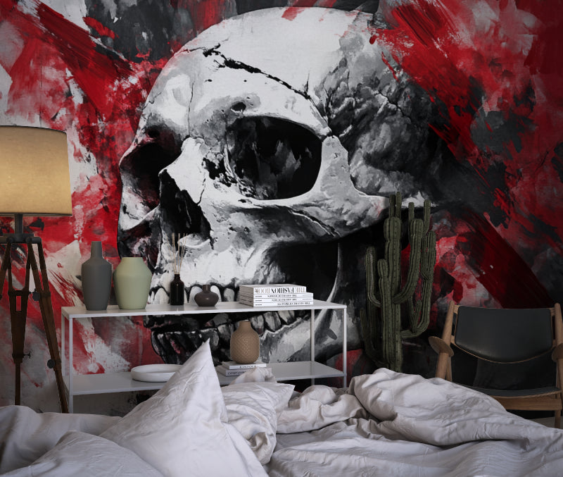 Gothic skull wall mural adding edge to modern dining room
