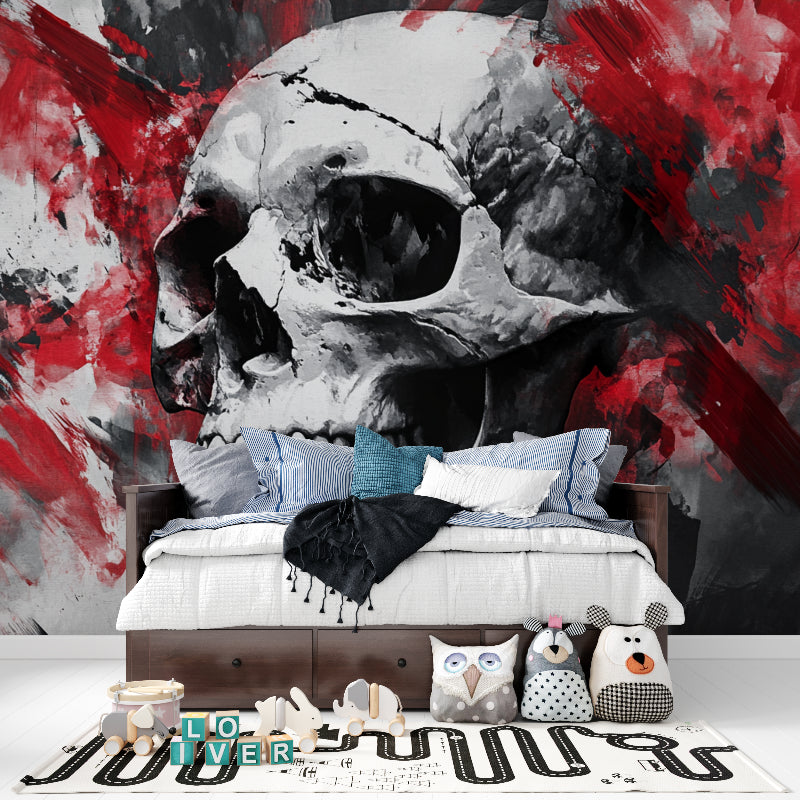Artistic skull mural creating gallery feel in home studio space