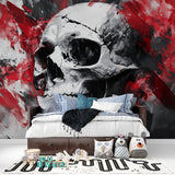 Artistic skull mural creating gallery feel in home studio space