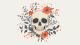 Skull and floral gothic wallpaper design file showing detailed pattern of ivory skull with coral-orange blooms