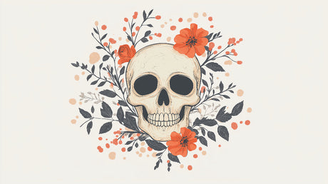 Skull and floral gothic wallpaper design file showing detailed pattern of ivory skull with coral-orange blooms
