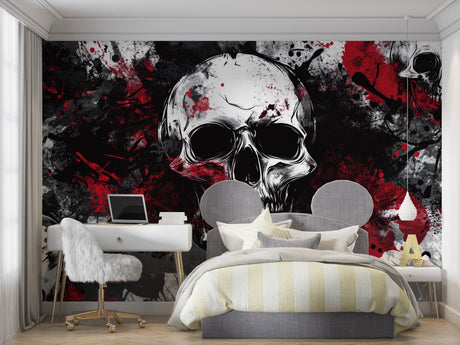 Gothic skull wallpaper creating dramatic atmosphere in modern gaming room with red accent lighting