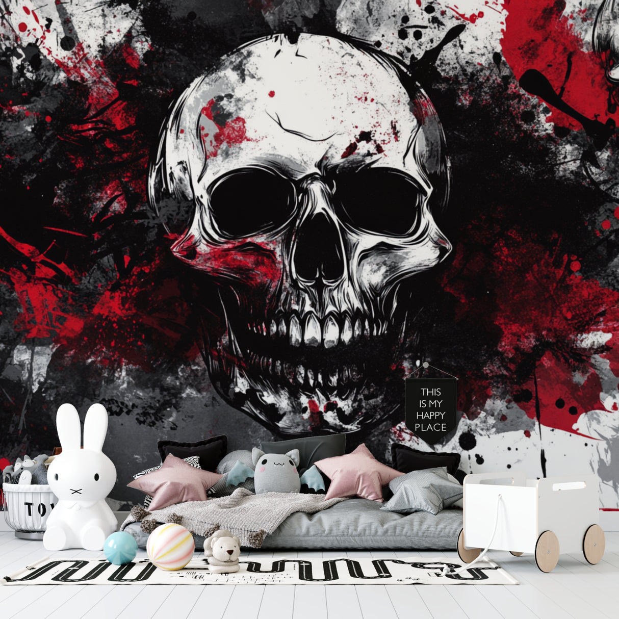 Black and red skull mural adding edge to contemporary home office setup
