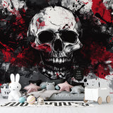 Black and red skull mural adding edge to contemporary home office setup