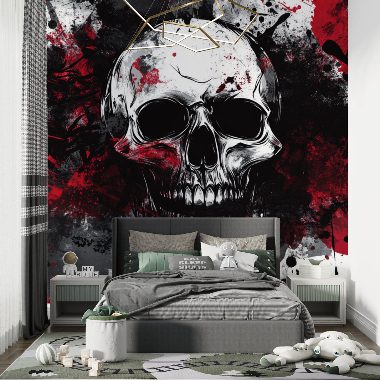 Gothic skull art mural making statement in urban style living room