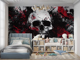 Dramatic skull wallpaper transforming music studio with moody atmosphere