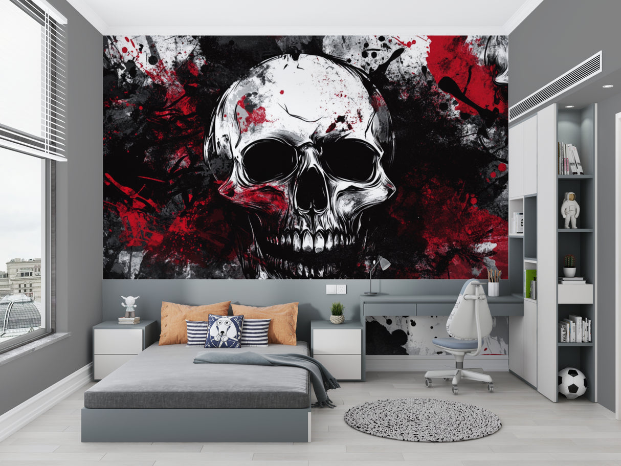 Red and black skull mural creating focal point in modern bedroom design