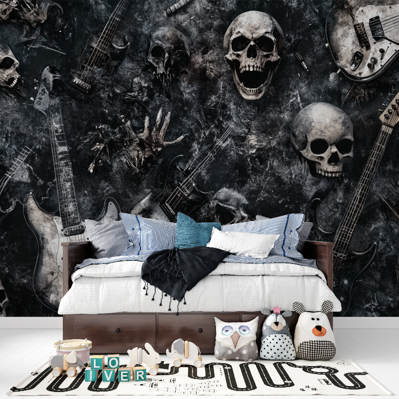Rock music wallpaper with skulls and guitars creating atmosphere in modern living room