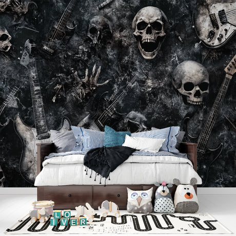 Rock music wallpaper with skulls and guitars creating atmosphere in modern living room