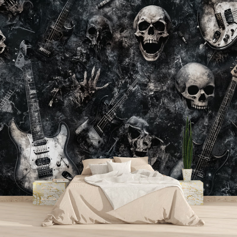 Guitar wall mural featuring skulls displayed in teen bedroom setting