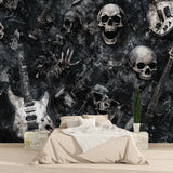 Guitar wall mural featuring skulls displayed in teen bedroom setting