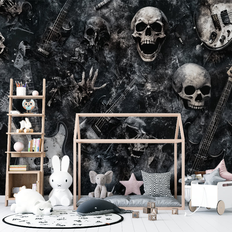 Music themed wallpaper with skulls and guitars in home studio setup