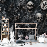 Music themed wallpaper with skulls and guitars in home studio setup