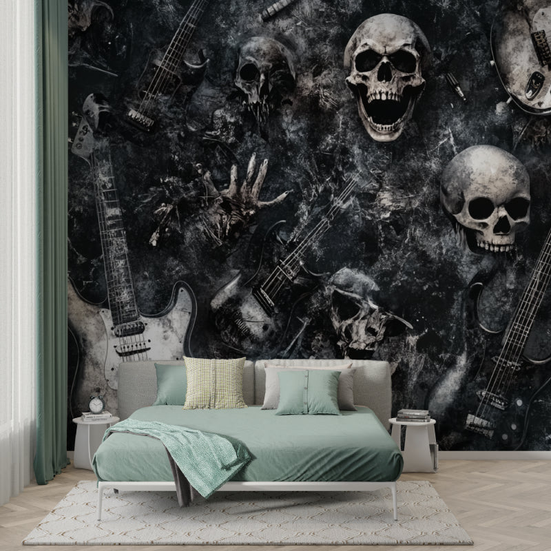 Rock and roll skull wallpaper showcased in man cave entertainment room