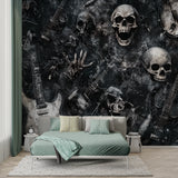 Rock and roll skull wallpaper showcased in man cave entertainment room