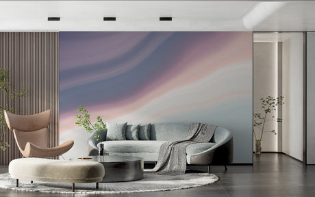Dreamy watercolor sky mural in modern living room creating an airy, open feeling