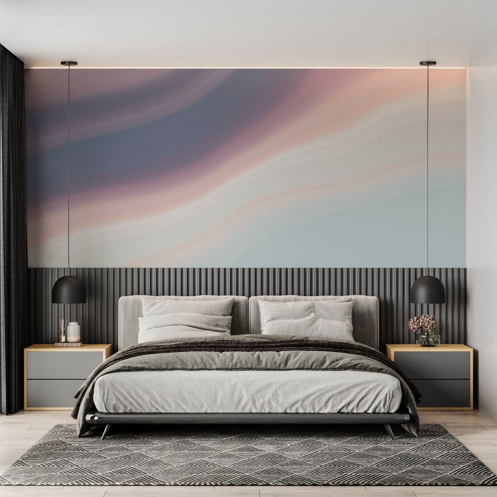 Watercolor sky mural brightening a minimal dining space