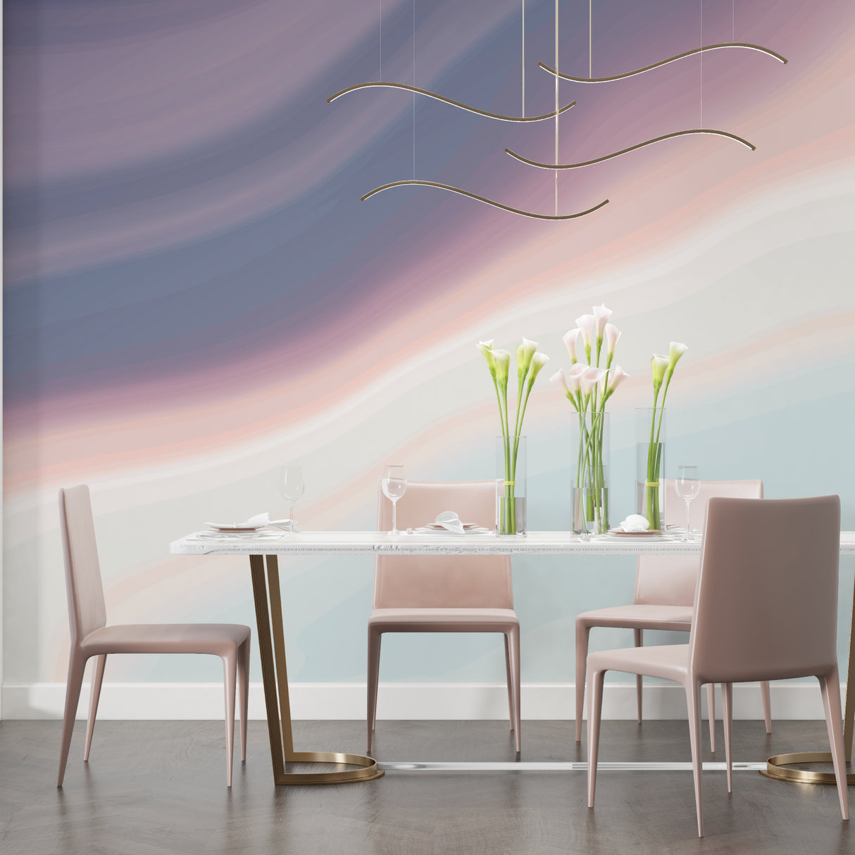 Pastel abstract wallpaper creating depth in home office