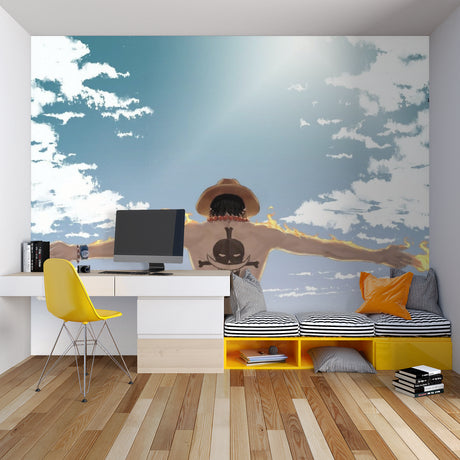 Anime sky wallpaper creating depth in modern gaming room with LED lighting setup