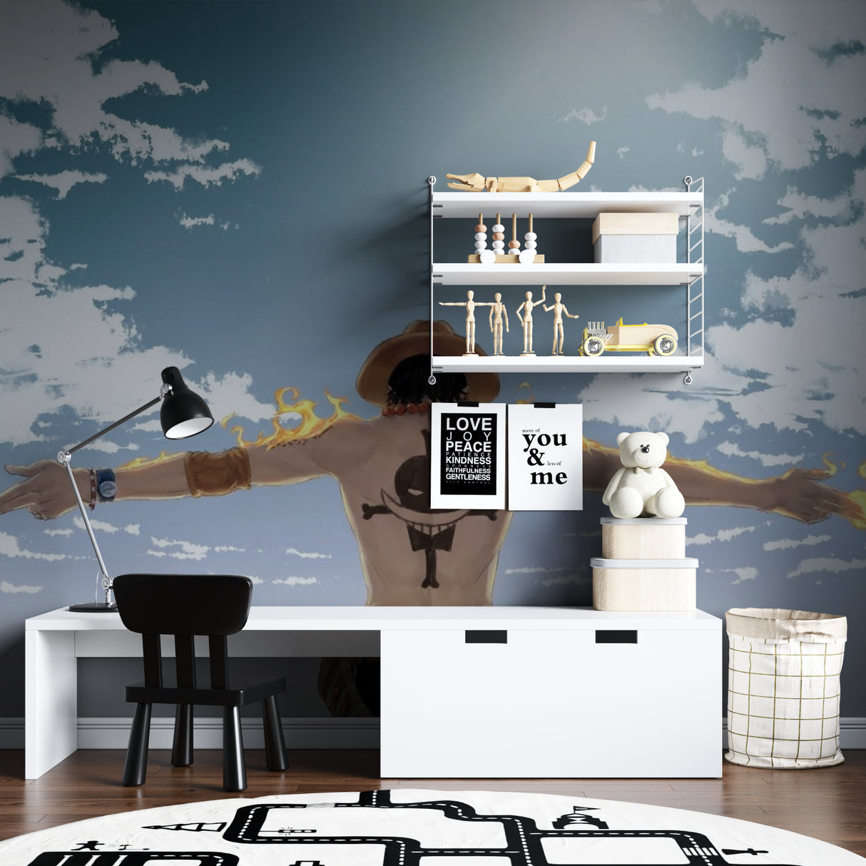 Teen bedroom transformed with anime sky mural wallpaper featuring dramatic cloud design