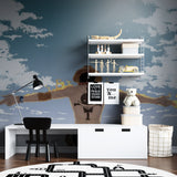Teen bedroom transformed with anime sky mural wallpaper featuring dramatic cloud design