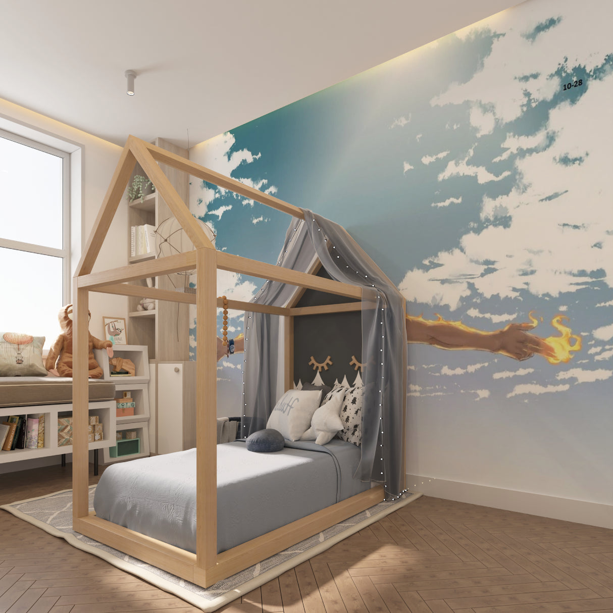 Japanese anime wallpaper design showcased in modern home office setting