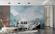 Dreamy cloud wallpaper in modern living room creating an airy, open feel