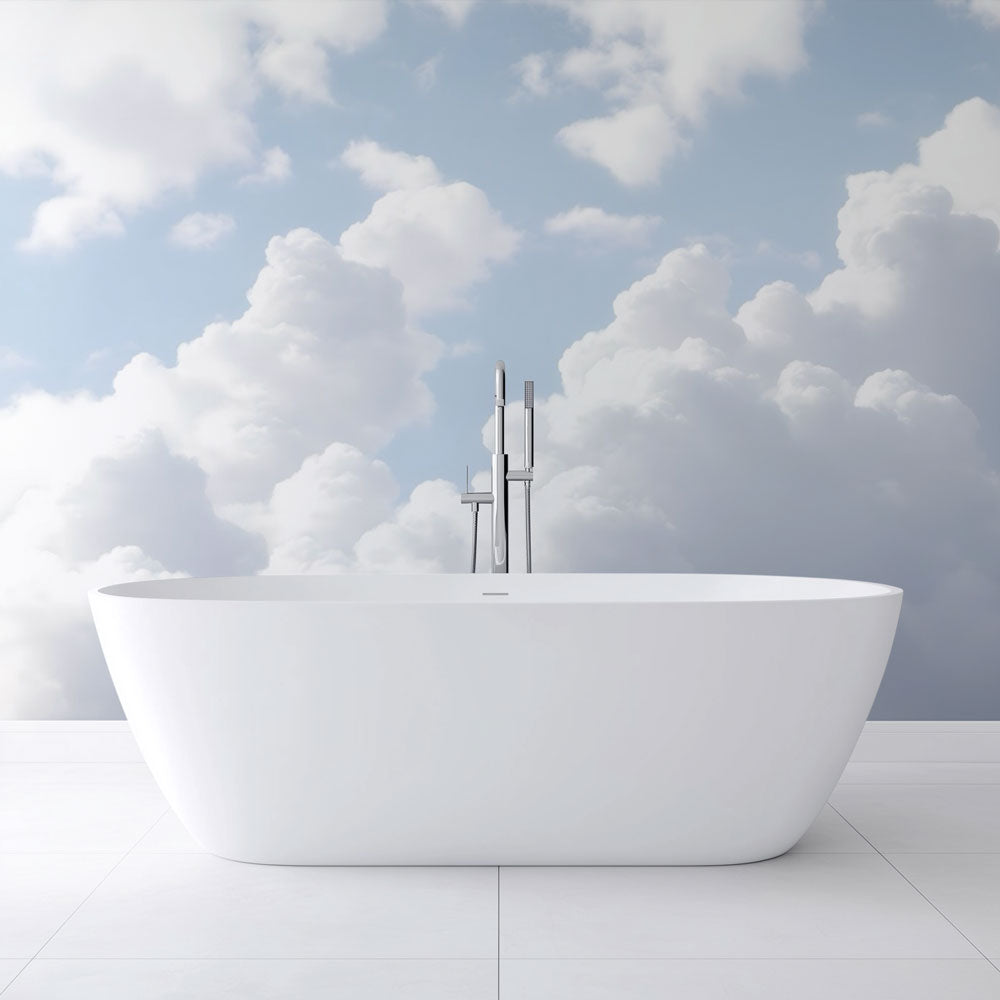 Cloud mural wallpaper creating an airy atmosphere in a modern living room with natural light and minimal furniture
