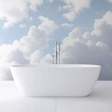 Cloud mural wallpaper creating an airy atmosphere in a modern living room with natural light and minimal furniture