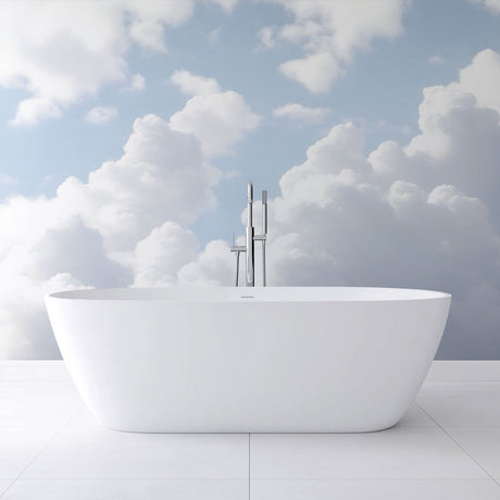 Cloud mural wallpaper creating an airy atmosphere in a modern living room with natural light and minimal furniture