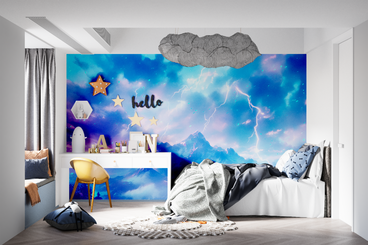 Lightning storm wallpaper mural in modern living room, dramatic blue ...