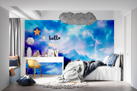 Lightning storm wallpaper mural in modern living room, dramatic blue and purple sky design creating focal point