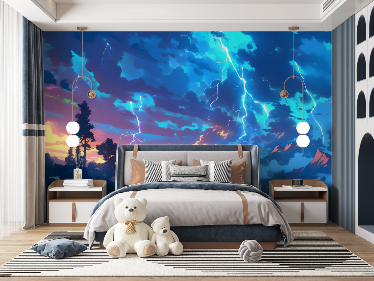 Lightning Storm Sky Wallpaper creating drama in modern living room with grey sofa and minimal decor