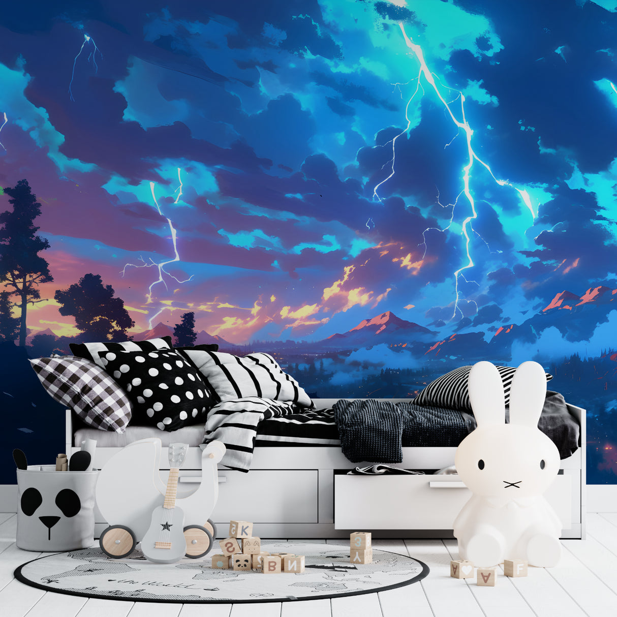 Dramatic Storm Wall Mural transforming bedroom with moody lightning scene and sunset colors