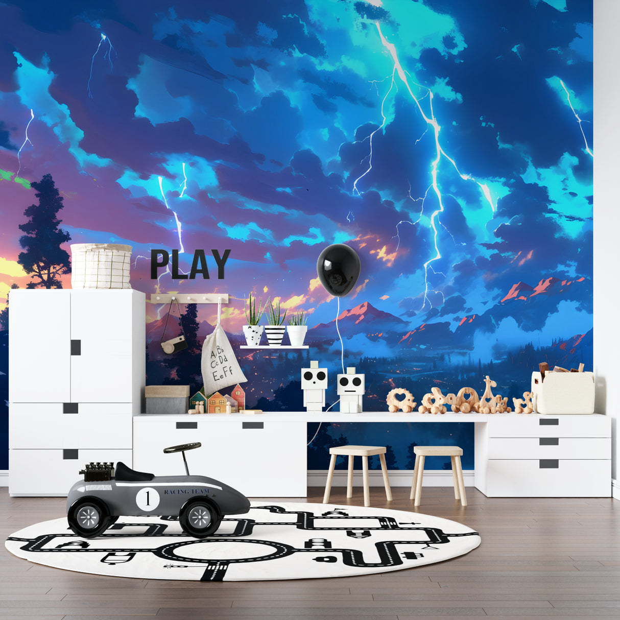 Storm Sky Wallpaper making statement in home office with dramatic clouds and golden light